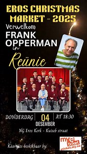 As deel van vanjaar se Eros Kersmark, kuier Frank Opperman saam op die aand van 4 Desember met sy gewilde opvoering, Reünie. Kos- en geskenkstalletjies sal oop wees tot laat sodat ons nog lekker kan saamkuier. Kosstalletjies en Kontantkroeg beskikbaar. Datum: Donderdag, 4 Desember 2025 Plek: NG Kerk, Eros Tyd: 18:00 vir 18:30 Kaartjies: N$ 200.00 per persoon Pensionaris: N$ 150.00 Koop jou kaartjies aanlyn by: eticket.my.na Kaartjies ook beskikbaar by Network Media Hub - ( Republikein kantoor) G