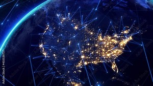Animation of Earth and United States Map with Bright Connections and City Lights. Blue Lines and Nodes Representing Satellite, Mobile and Technological Signals.