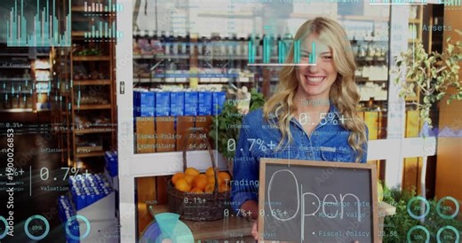 Woman owner opening shop, holding Open sign welcoming guests while finance charts overlaying scene