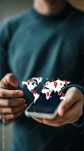 A man holds his phone showing location pins on a map with global network technology, symbolizing gps navigation, sat nav, route planning, and map route features