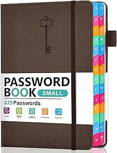 Password Keeper Book with Colorful Alphabetical Tabs, Hardcover Password Log-book for Internet Password and Website Address, 4.1 x6.2 ''Password Notebook for Office (Chocolate, Small)