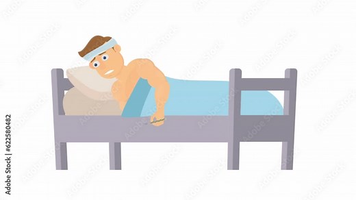 Sick person. Animation of a patient with a high temperature and a thermometer, alpha channel. Cartoon