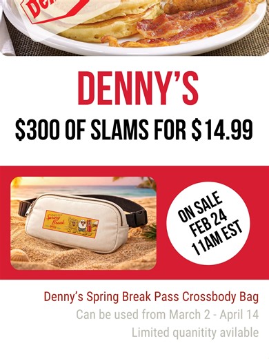 Denny’s Spring Break Pass drops February 24. For $14.99 you get the crossbody bag plus a QR code that gets you one FREE Everyday Value Slam every day from March 2 through April 14. Limited quantity. The Everyday Value Slam includes 2 eggs, bacon or sausage, plus pancakes, French toast, or biscuit and gravy. Early access Feb 24 at 11am ET for Rewards members, noon for non members. Link in bio. Be sure to follow us for more food deals like this. #dennys #springbreak #fooddeals #freefood #restauran