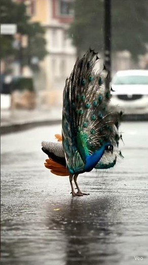 Peacock dancing the rain