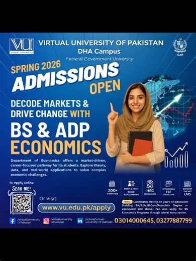 VU's BS and Associate Degree in Economics is a market-driven, career-focused program that blends theory, data analysis, and real-world applications. Learn to solve complex economic challenges and make informed decisions with intellectual independence. Apply online: https://www.vu.edu.pk/Apply For more information, dial 03014000645 #VirtualUniversity #OnlineEducation #FutureEconomist #VirtualUniversity #VUPakistan
