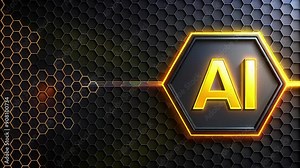Neon AI text glowing on futuristic polygon and hexagon background, digital artificial intelligence banner. Stock Video