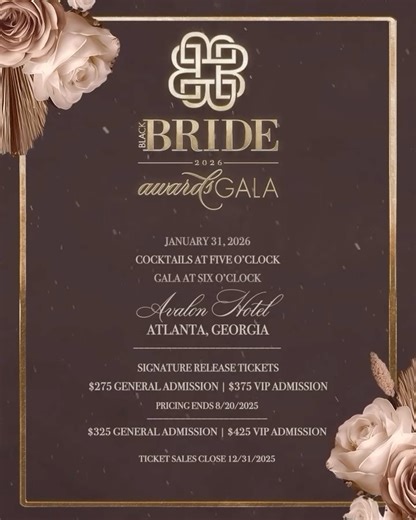 Black Bride Magazine on Instagram: "The moment is here! Join us for a night where elegance meets Black excellence. The Black Bride Awards Gala is happening January 30–31, 2026 in Alpharetta, GA. Tickets are officially on sale. Secure your seat at the celebration of the year! Click the link in our bio for more information and tickets. Reel: @atelierazure #BlackBrideGala #BlackBrideAwardsGala #CelebrateInStyle #LuxuryEvent #BlackBride1998 #BlackBrideMagazine"
