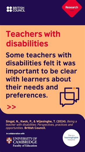 11K views · 53 reactions | A recent case study looks at perspectives, practices and opportunities for teachers with disabilities. Read the full case study here: https://www.teachingenglish.org.uk/publications/case-studies-insights-and-research/being-teacher-disabilities-perspectives-practices | TeachingEnglish - British Council | Facebook