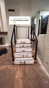 who wants to see the LED lights?! #viewrail #viewrailpartner #renovation #homereno #homerenovation #modernstairs #floatingstairs #staircaseremodel #stairs #staircase #HairFoodChallenge | Newbuild Newlyweds