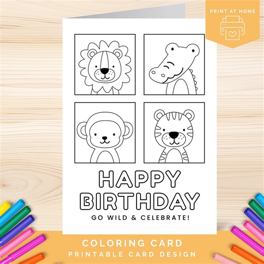 Printable Birthday Coloring Card, Jungle Animal Birthday Card to Color, Kids Birthday Card, Zoo Birthday Party Gift - Etsy