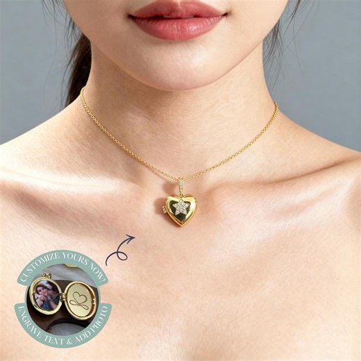Gold Heart Photo Locket Necklace With Crystal Star, Minimal Vintage Keepsake Pendant, Personalized Gift for Her - Etsy