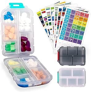 2 Pack Pill Box Travel Pill Case Portable Medicine Pill Organizer 10 Compartments Small Daily Pill Container with 330 Labels (White&Gray, 2 Boxes)