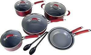 Cooking Light Nonstick Ceramic Pots and Pans Set with Silicone Stay Cool Handles, Dishwasher Safe, 12-Piece Cookware Set, Red