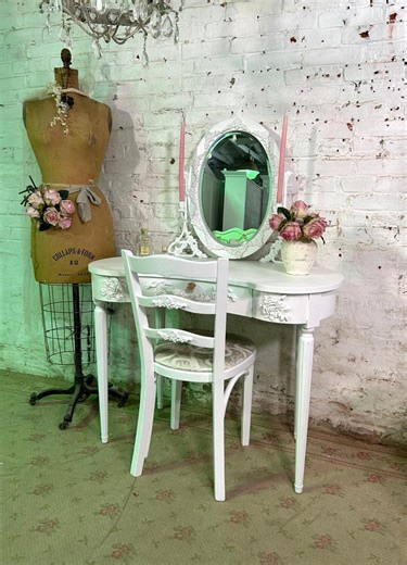French Rococo Vanity Table With Tri-fold Mirror, White Shabby Chic Dressing Desk - Etsy