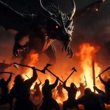 A rampaging fire-breathing dragon battling medieval villagers.