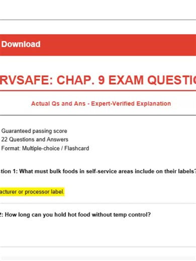 SERVSAFE: CHAP. 9 EXAM QUESTIONS Actual Qs and Ans - Expert-Verified Explanation -Guaranteed passing score -22 Questions and Answers -Format: Multiple-choice / Flashcard Question 1: What must bulk foods in self-service areas include on their labels? Answer: The manufacturer or processor label. Question 2: How long can you hold hot food without temp control? Answer: hours Question 3: How must cold food be held in catering operations? Answer: On ice or in chilled, gel-filled containers, or without