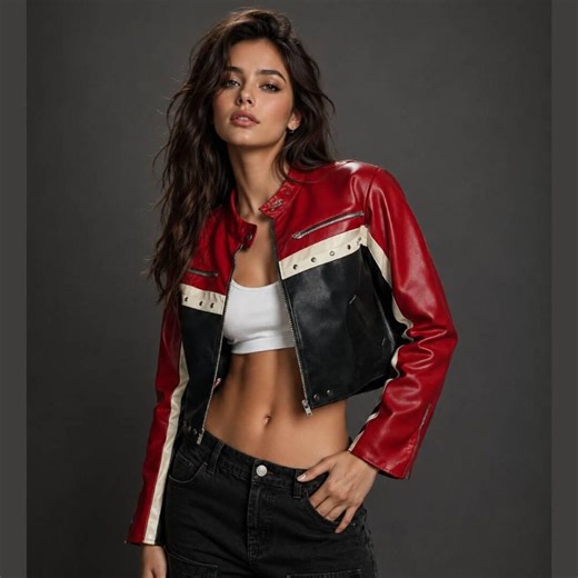 Moto Leather Jacket Women Red Black Cropped Biker Jacket, Genuine Sheepskin Slim Fit Streetwear Gift - Etsy