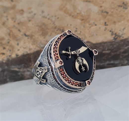 Handmade Sterling Silver Masonic Ring – Black Onyx, Garnet Zircon, Compass Square, Mens Signet Ring - Etsy