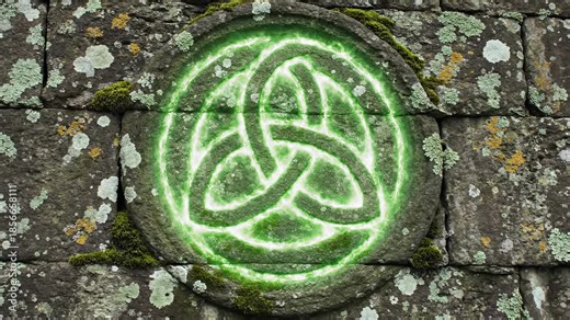 Ancient Celtic Triquetra symbol carved in stone. Magical green energy glows and pulses on the knot. Irish heritage and fantasy concept