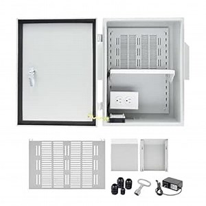 NEMA Outdoor Electrical Box (15.7″ x 11.8″ x 7.9″) Metal Enclosure, Universal IP Waterproof Equipment Box w/DC Fan & 12V Adapter, Removable DIY Mounting Plate, One-Piece Ventilation