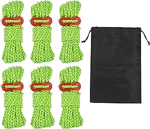Smithok 16.4ft 6 Pack 4mm Guy Lines Ultralight Tent Cords with Aluminum Adjuster Tensioner Outdoor Camping Guylines Ropes for Tent Tarp,Hiking Backpacking (Green)