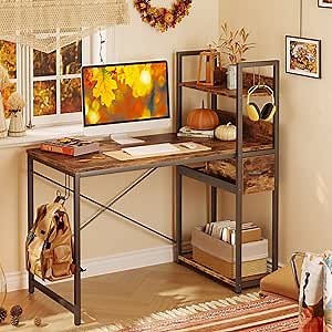 Bestier Home Office Desk with Drawer and Cable Management Rack, 47 Inch Computer Desk with Shelves, Writing Desk with Reversible Storage Bookshelf (Rustic Brown)