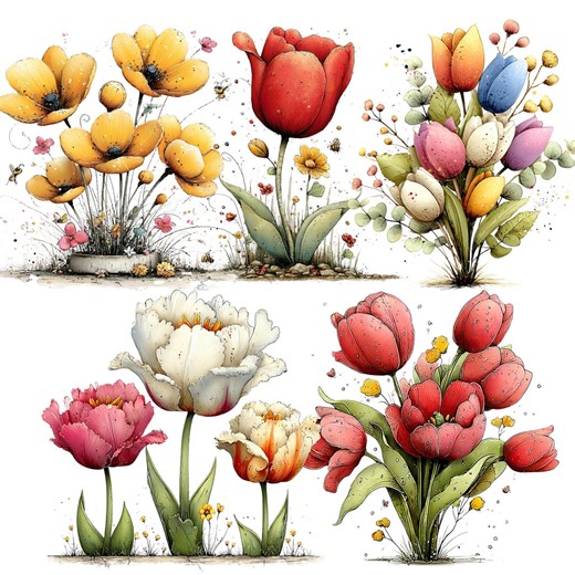 Spring Tulip Flowers Clipart: Whimsical Floral Graphics (digital Download - 24 Pngs) - Etsy