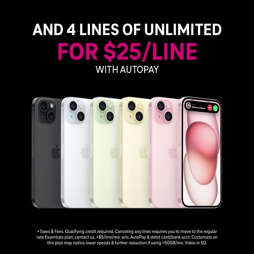 7.6M views · 2.8K reactions | You're reading this right: 4 iPhone 15 ON US. PLUS 4 lines of unlimited for $25/line | T-Mobile | Facebook