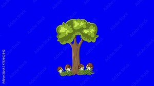 2d animated tree wind blowing tree moving stems, leaves, grass, colorful mushrooms against blue screen. Animated Tree. Used for cartoons, animated videos, for youtube kids cartoons. Alpha channel.