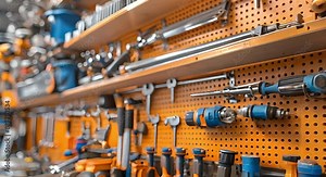 Organize tools in a home garage workshop with a pegboard wall. Concept Pegboard Wall Organization, Garage Workshop, Tool Storage, DIY Solutions, Workspace Optimization
