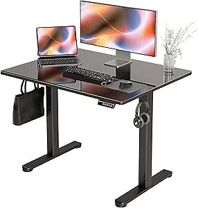 Claiks Glass Standing Desk, 40x24 Inch Small Stand Up Desk Electric Adjustable Height Quick Install Computer Desk for Home Office, Black