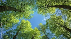 A tree canopy shoot from below, capturing the intricate details of the leaves and branches. The sky is visible through the gaps in the canopy, showcasing a vibrant blue backdrop video footage.