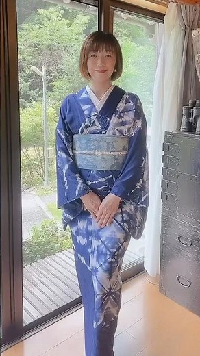 【着付け】絞り染めの浴衣と藍染のハンドメイド半幅帯#着物生活 #琥珀きもの＃藍染#絞り染め