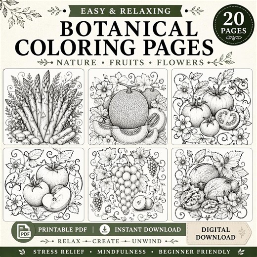 Botanical Coloring Pages Printable PDF | 20 Easy and Relaxing Nature Designs | Flowers, Fruits & Plants | Adult Coloring Book - Etsy