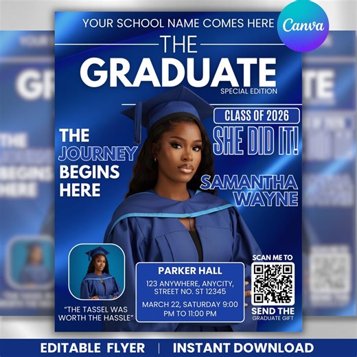 2026 Graduation Invite Magazine Style, Graduation Celebration Party Flyer, Class of 2026 Flyer, Graduation Invitation, Blue DIY in Canva - Etsy