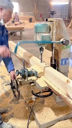 Wood drilling with a horizontal boring machine in a carpentry workshop #shorts