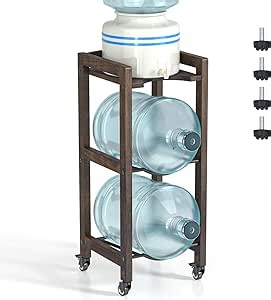 3-Tier 5 Gallon Water Jug Holder with Top Shelf 4 Metal Wheels or Adjustable Feet Natural Hardwood Water Dispenser Floor Stand Wooden Organizer for Kitchen, Office, Garage Space-Saving Design