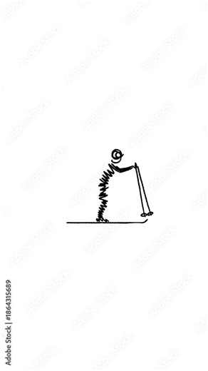 Vertical 4K video. Doodle cartoon loop animation. Doodle line art black skier rides ski down white snow mountain, performing trick over hill. Athlete man skis, slides down slope. Concept of sport