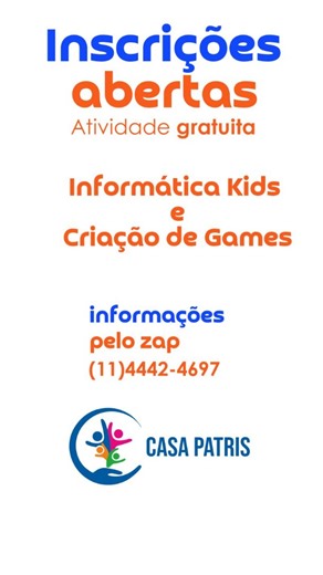 Casa Patris on Instagram: "Transforme o tempo de tela do seu filho em aprendizado para o futuro! 💻🚀 Programação Infantil e Informática Kids gratuita. "O mercado do futuro fala a linguagem dos códigos! Aqui na Casa Patris, ensinamos crianças e adolescentes a dominarem a tecnologia de forma criativa através da criação de games e informática. Muito além de usar o computador, nossas aulas de programação para iniciantes desenvolvem: ✅ Raciocínio lógico e matemática; ✅ Resolução de problemas complex
