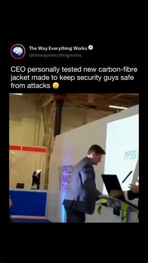 The Way Everything Works on Instagram: "Instead of relying solely on lab results, the CEO personally tested a new carbon-fiber jacket designed to protect security teams, demonstrating confidence in both the product and the engineering behind it. Carbon fiber is prized for its unique strength-to-weight ratio, allowing it to remain lightweight and flexible while dispersing impact forces across its structure. This force distribution helps reduce concentrated stress on the body, lowering the risk of