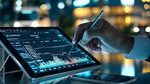 A trader in a modern office using a stylus to mark trends on a tablet displaying a stock price chart, with financial data flowing around