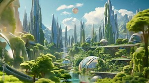 A modern metropolis seamlessly blending futuristic architecture with a thriving natural landscape, A futuristic cityscape with high-tech buildings amidst lush greenery, AI Generated