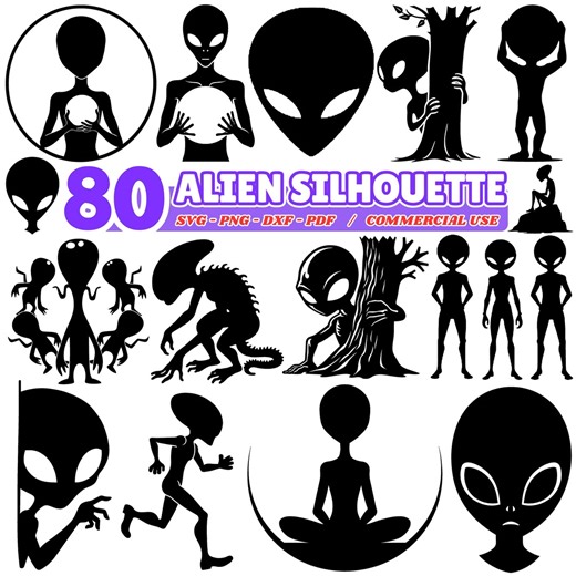 Alien Silhouette Svg Png Pdf & Dxf Bundle With Unique Extraterrestrial Head Outlines for Cricut Crafts, Vinyl Projects, Mugs, and Shirts - Etsy