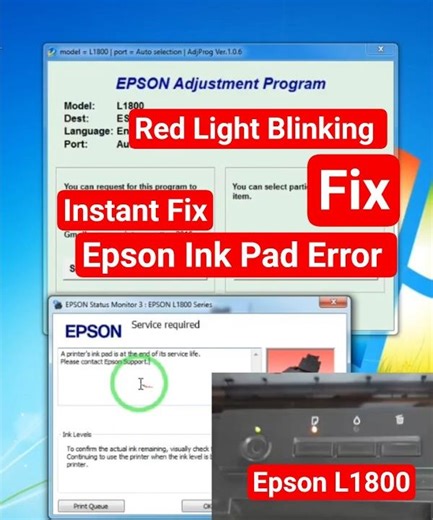 Epson l1800 red light blinking problem solution | Epson Resetter Ink pad #epson #printer #shorts