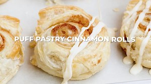 Sweet puff pastry cinnamon rolls with vanilla icing in minutes