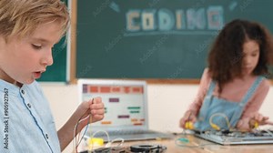 Diverse student working electronic board while laptop screen display coding engineering prompt and programing AI generated software. American girl inspect equipment while boy fixing machine. Pedagogy.