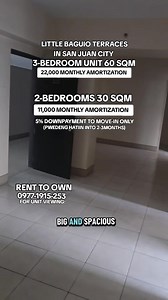 🙌 11,000 MONTHLY AMORTIZATION - RENT TO OWN 🏢Little Baguio Terraces Located in City of San Juan ( N. Domingo St.) ✅3-Bedroom Unit – 60 sqm. ✅2-Bedroom Unit – 30 sqm. Accredited to PAG-IBIG and BANK Financing - Starts at 11K Monthly Amortization - Starts at 200K Downpayment to Move-In Only - Pwedeng hatiin into 2-3months ang Downpayment * Between LRT-2 Gilmore and J. Ruiz Station * Near UERM and St. Lukes * Near Robinsons Magnolia * Near University Belt * Accessible to Greenhills and Ortigas CB