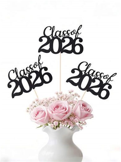 12pcs 2026 Graduation Decorations, Desktop Center Decor, Graduation Cake Toppers, Party Favors, 2026 Graduation Party Supplies, Graduation Class Center Decor, Black 2026 Center Decor, 2026 Desktop & Cake Decor, 2026 Graduation Desktop Center Decor, Double-Sided Black Graduation Desktop Decor With Stand, Graduation Party Decorations | SHEIN