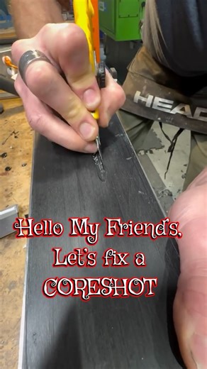 Trafford Fodor on Instagram: "⛷️⛰️🤫CORESHOT & BASE REPAIR🤙⛷️❄️ With new snow falling I’m sure I’ll see lots of these. Been doing it this way for many years now and have great luck. They stick and stay strong for many seasons to come.👍👍❄️ ………………………………………………………………………… #lovemyjob #ski #snowboard #mountains #snow #skitech #skituning #skirepair #coreshot @mtndivision"