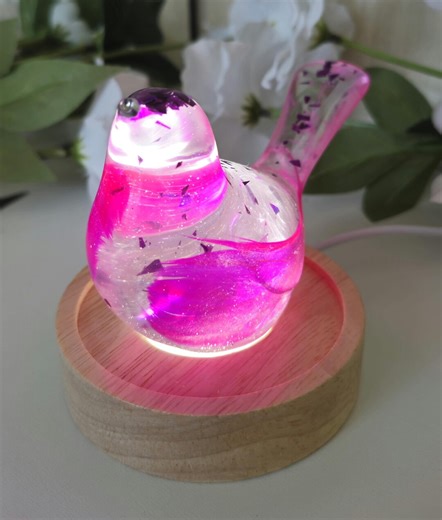 Handmade Resin Bird Night Light Beautiful Vivid Pink Set With Real Feathers . One off Colour and Design. - Etsy